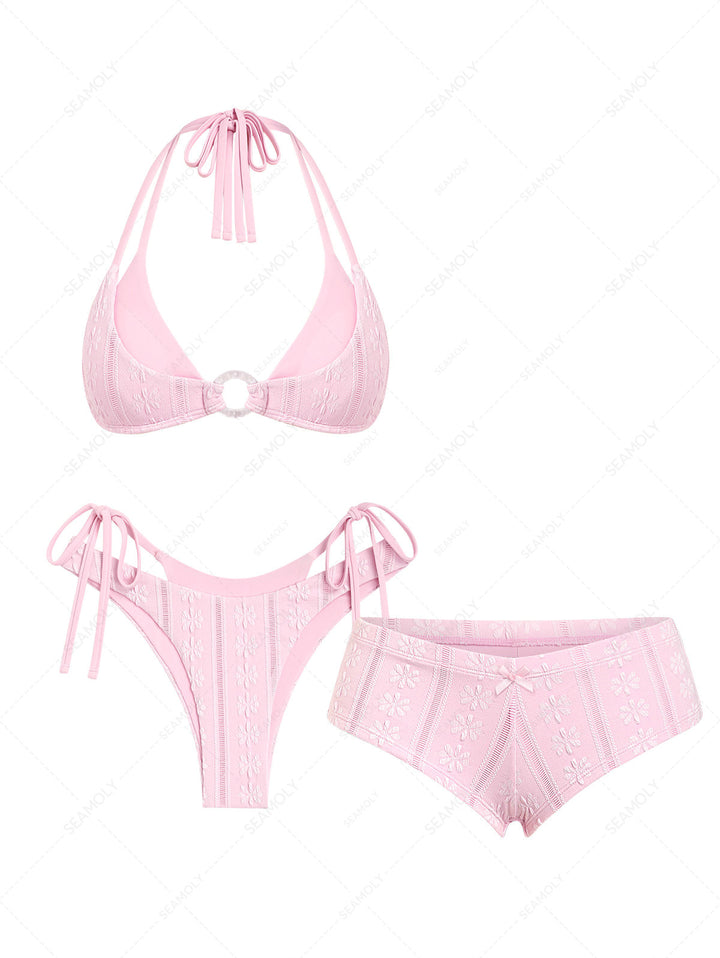 Seamolly 3 Piece Floral Jacquard Textured O Ring Double Layer Cheeky Boyshort Bikini Set