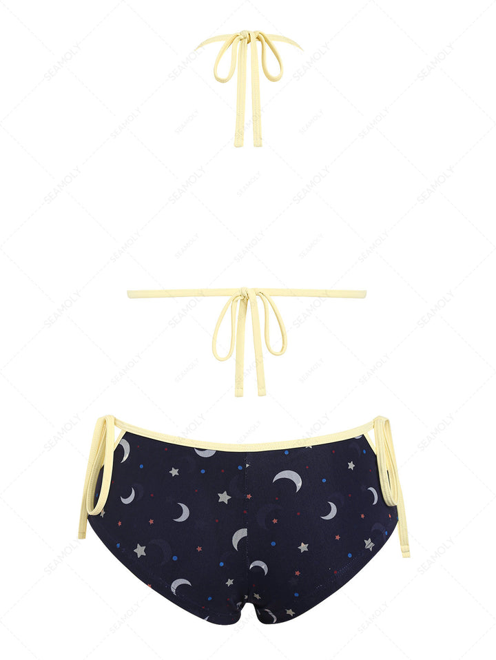 Seamolly Stars Moon Print Cutout Tied Cheeky Boyshorts Bikini Set