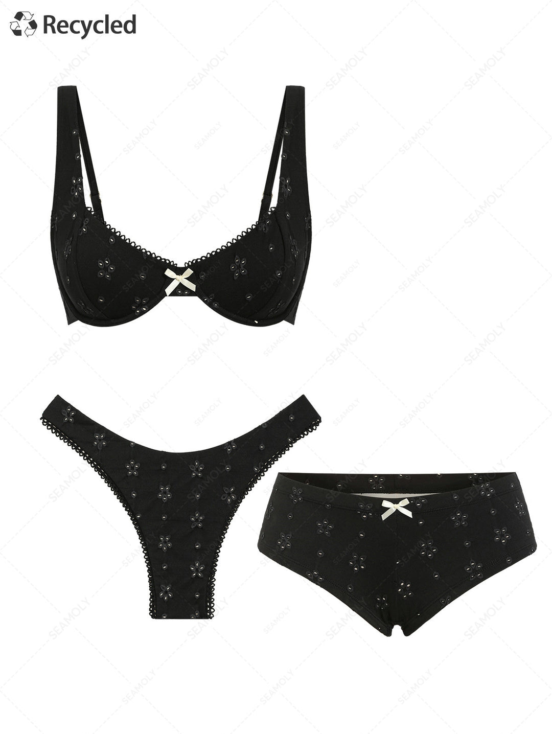 Seamolly 3 Piece Recycled Fabric Eyelet Jacquard Underwire Cheeky Boyshort Bikini Set