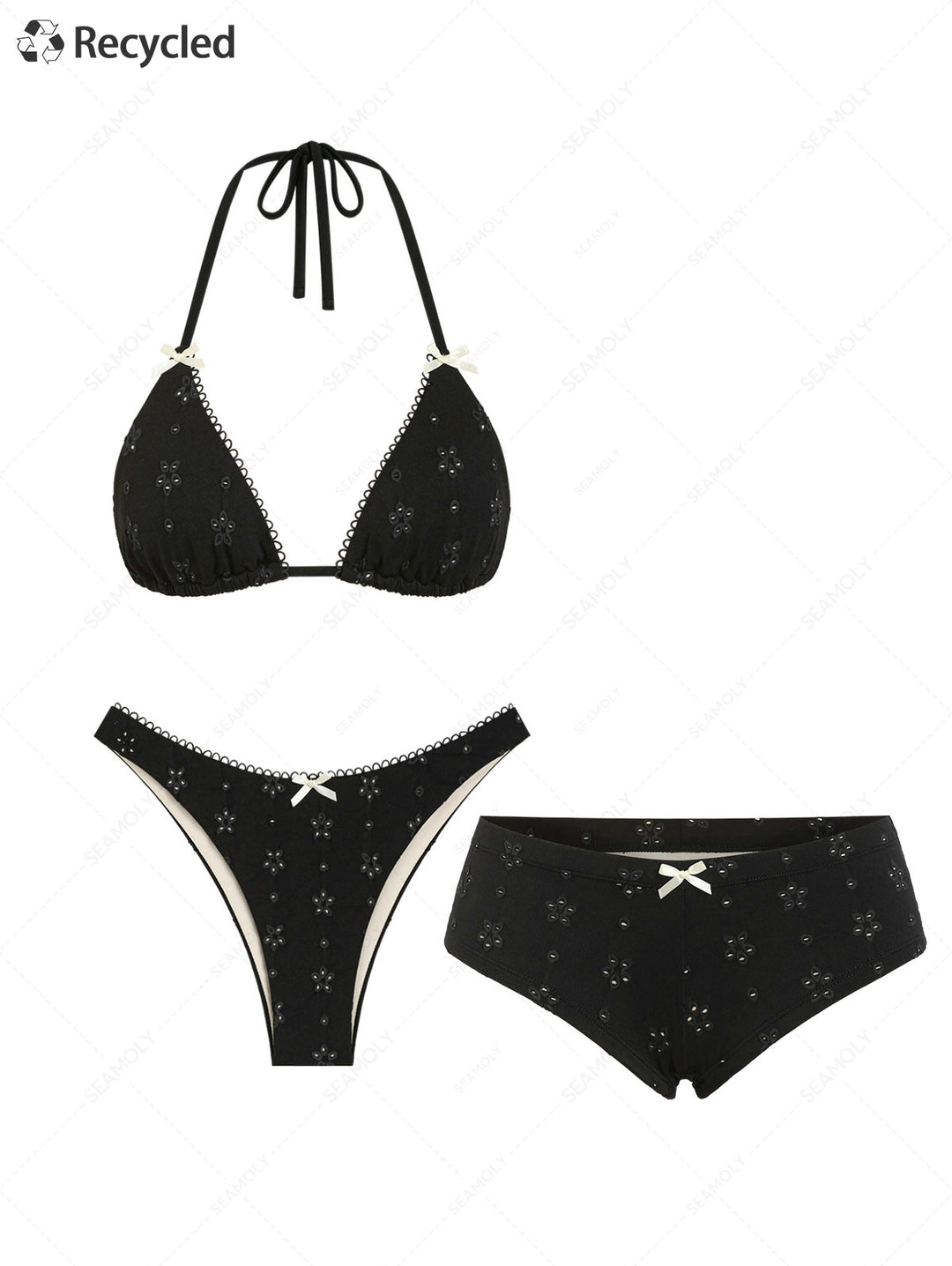 Seamolly 3 Piece Recycled Fabric Jacquard Picot Bowknot Triangle Cheeky Boyshort Bikini Set