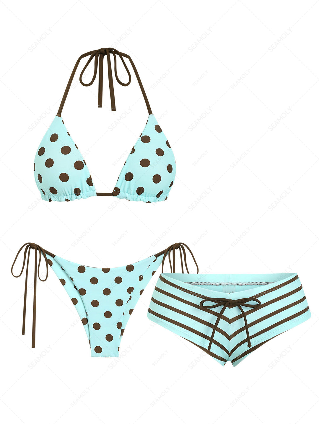 Seamolly 3 Piece Multiway Polka Dot Striped Triangle Brazilian Cheeky Boyshort Bikini Set