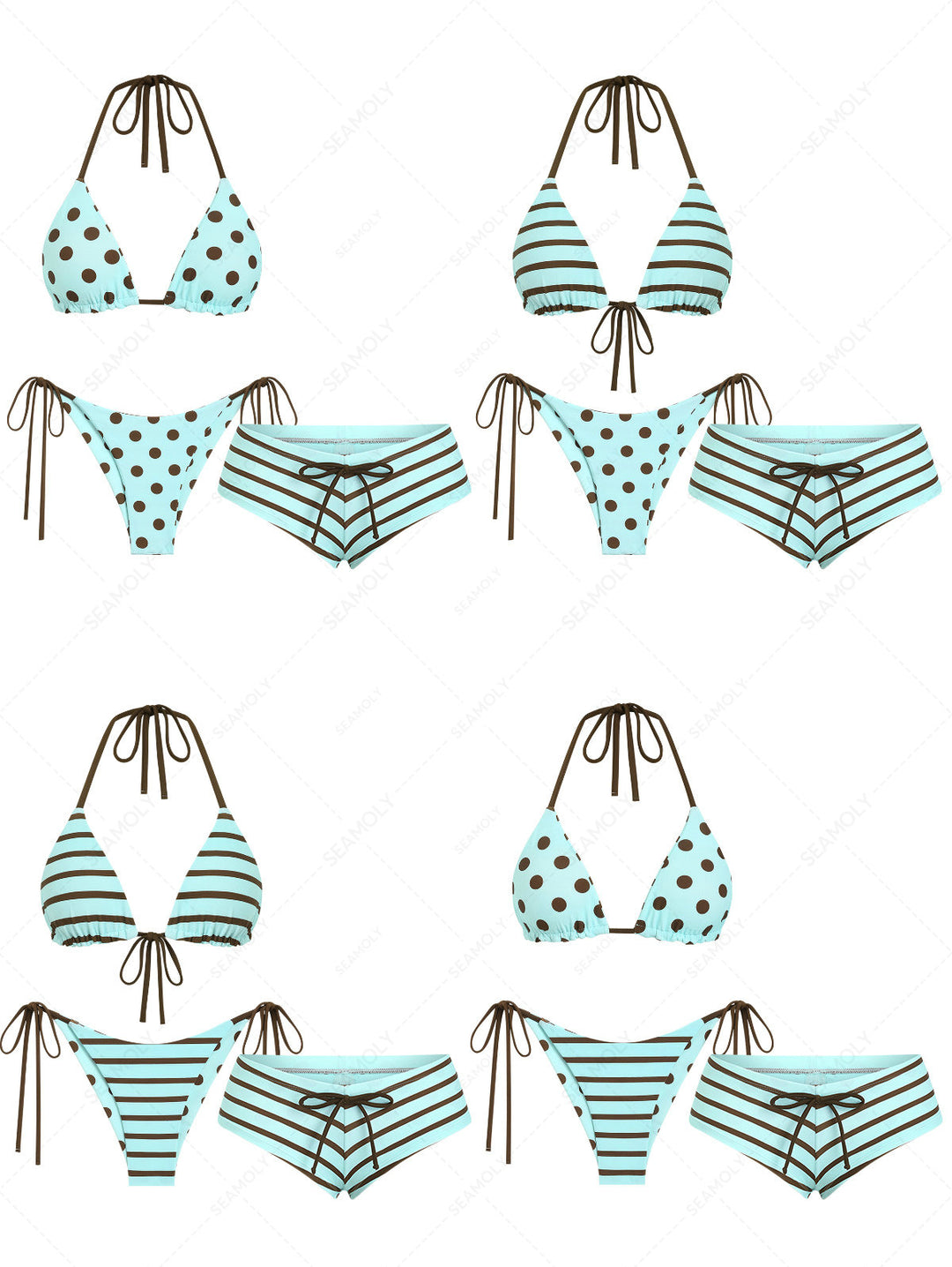 Seamolly 3 Piece Multiway Polka Dot Striped Triangle Brazilian Cheeky Boyshort Bikini Set