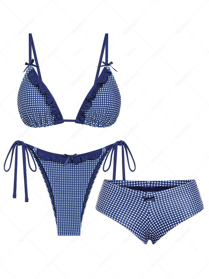 Seamolly 3 Piece Gingham Frilled Ruffles Bowknot Triangle Cheeky Boyshort Bikini Set