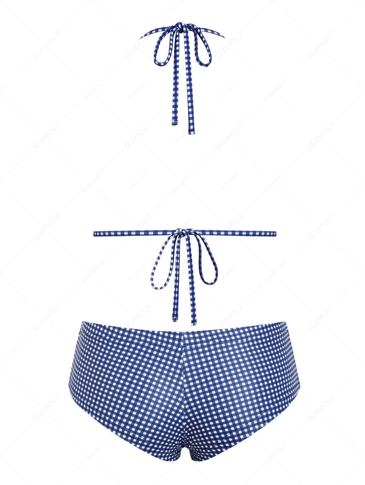 Seamolly Gingham Bowknot Halter Triangle Cheeky Boyshorts Bikini Set