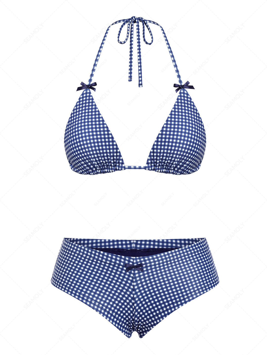 Seamolly Gingham Bowknot Halter Triangle Cheeky Boyshorts Bikini Set