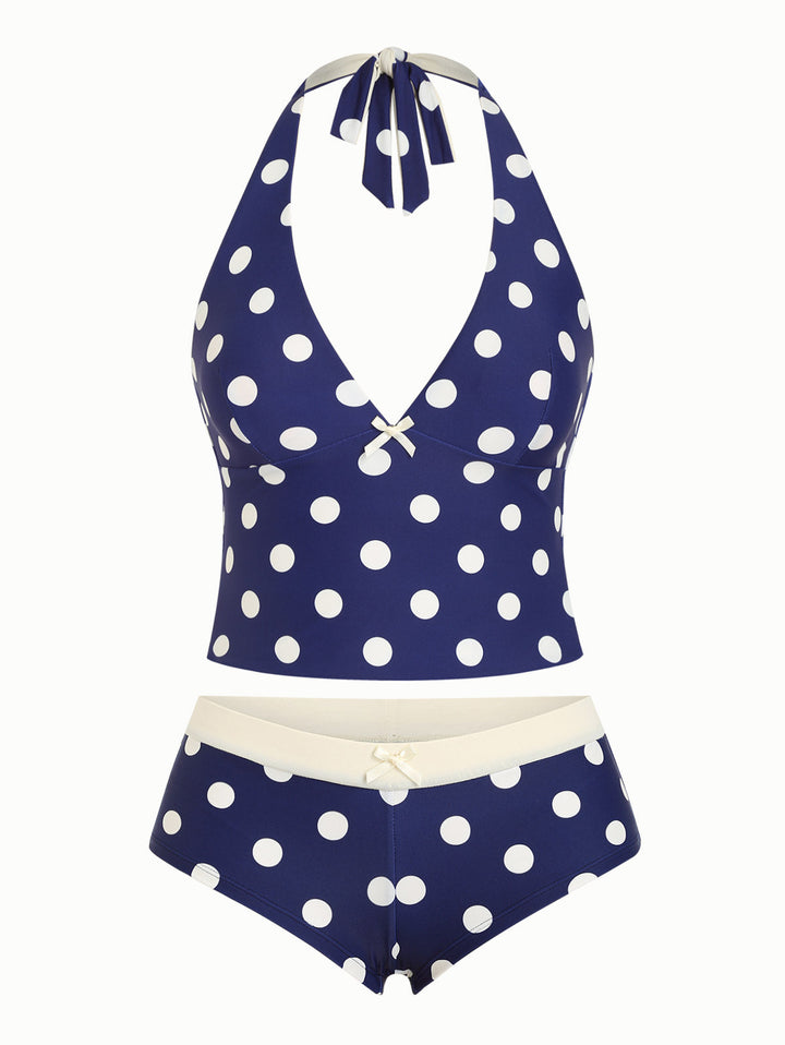 Deep Blue Polka Dot Bowknot Halter Tied Back Top & Cheeky Boyshorts Tankini Set