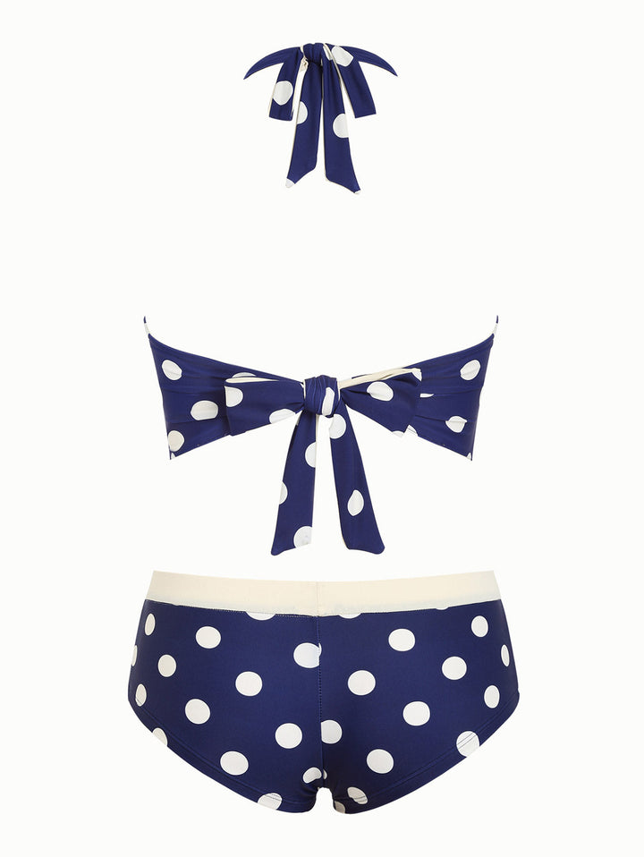 Deep Blue Polka Dot Bowknot Halter Tied Back Top & Cheeky Boyshorts Tankini Set