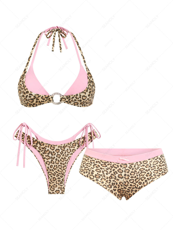 Seamolly 3 Piece Contrast Color Leopard Print O Ring Double Layer Cheeky Boyshort Bikini Set