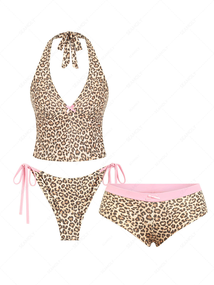 Seamolly 3 Piece Leopard Print Brazilian Cheeky Boyshort Tankini Set