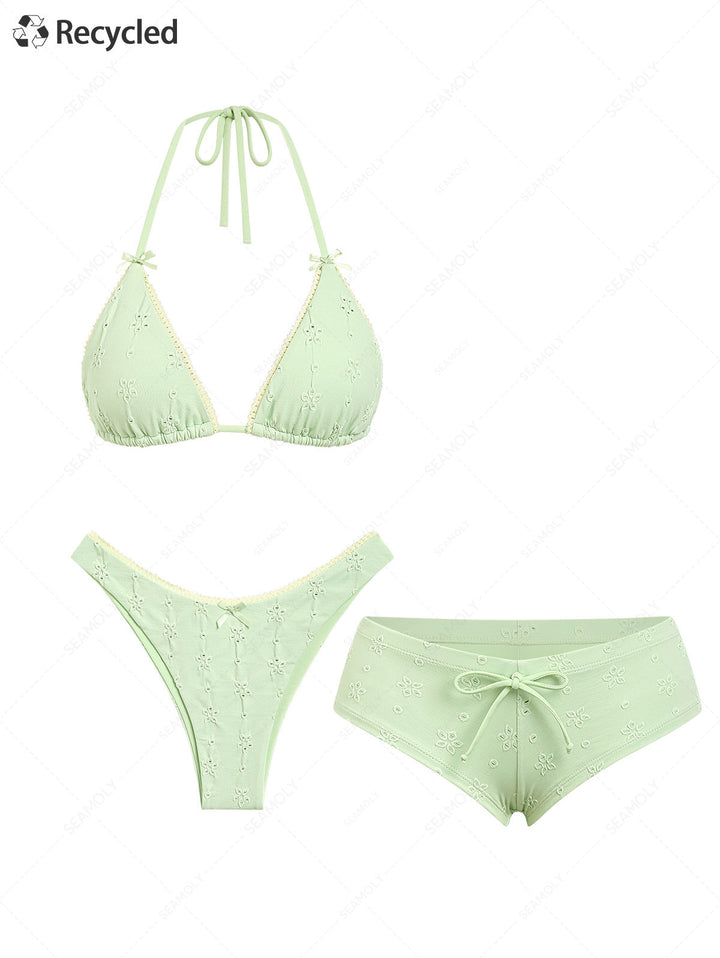 Seamolly 3 Piece Recycled Fabric Jacquard Lace Bowknot Cheeky Boyshort Bikini Set