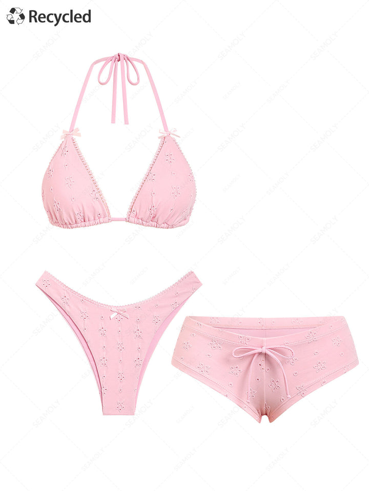 Seamolly 3 Piece Recycled Fabric Jacquard Lace Bowknot Cheeky Boyshort Bikini Set