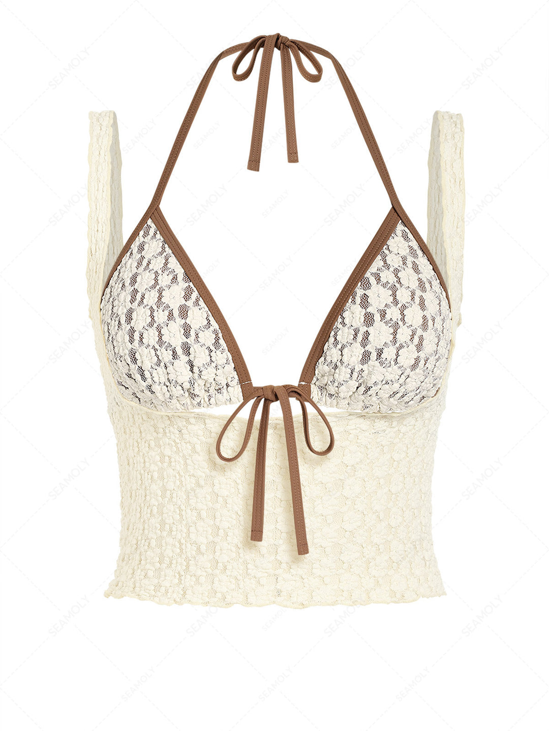 Seamolly 3 Piece Swimsuit - Lace Contrast Binding Cutout Cheeky Boyshorts Bikini Set & Crop Tank Top