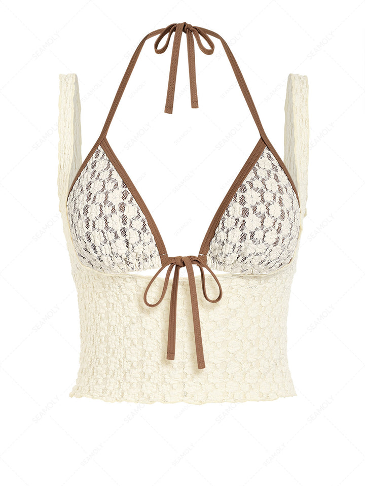 Seamolly 3 Piece Swimsuit - Lace Contrast Binding Cutout Cheeky Boyshorts Bikini Set & Crop Tank Top