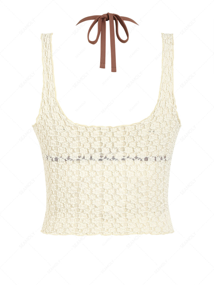 Seamolly 3 Piece Swimsuit - Lace Shell Decor Halter Triangle Bikini Set & Crop Tank Top