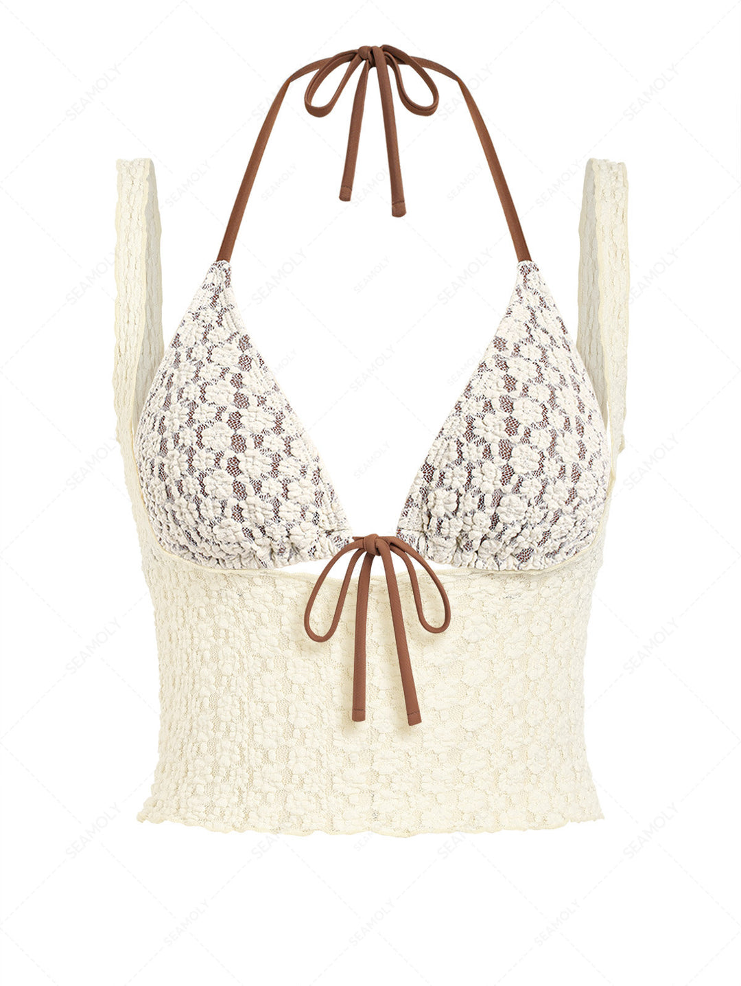 Seamolly 3 Piece Swimsuit - Lace Shell Decor Halter Triangle Bikini Set & Crop Tank Top