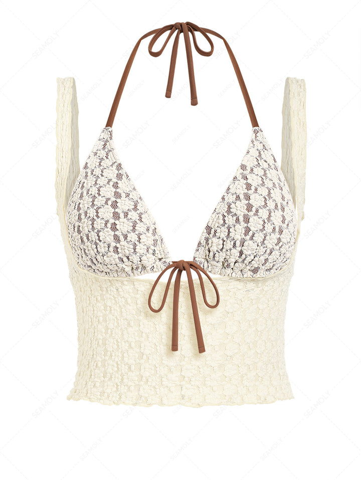 Seamolly 3 Piece Swimsuit - Lace Shell Decor Halter Triangle Bikini Set & Crop Tank Top
