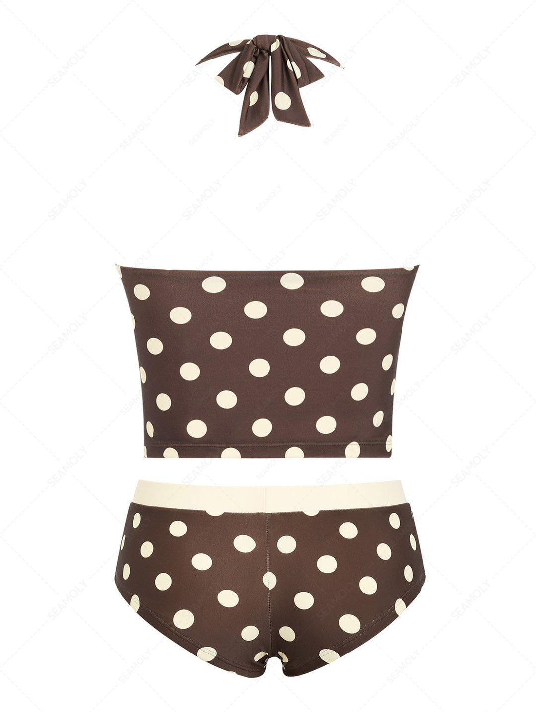 Seamolly Polka Dot Ruched Lace Bowknot Halter Cheeky Boyshorts Tankini Set
