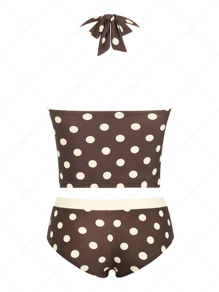 Seamolly Polka Dot Ruched Lace Bowknot Halter Cheeky Boyshorts Tankini Set