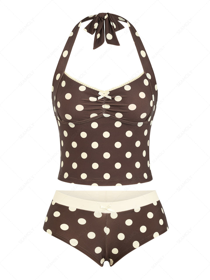 Seamolly Polka Dot Ruched Lace Bowknot Halter Cheeky Boyshorts Tankini Set