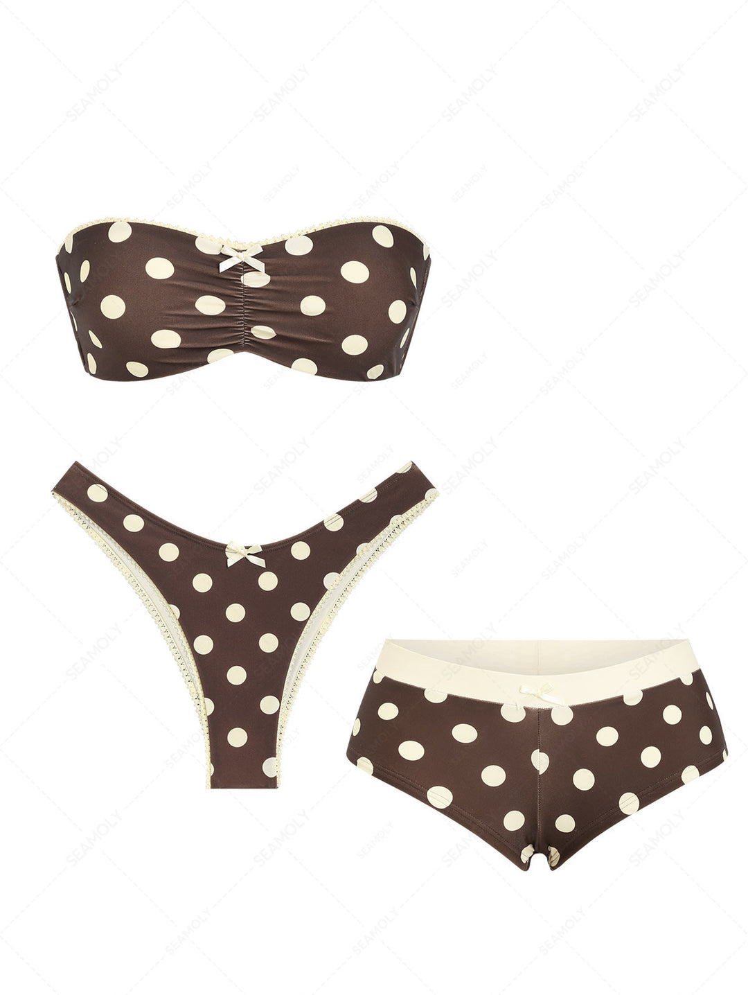 Seamolly 3 Piece Polka Dot Bowknot Lace Up Bandeau Cheeky Boyshort Bikini Set