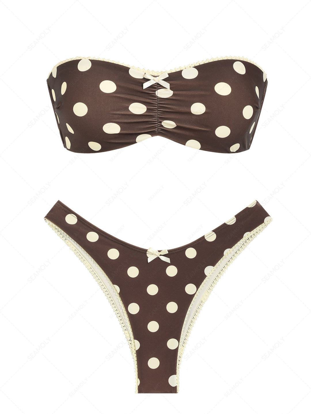 Seamolly Polka Dot Bowknot Ruched Lace Up Back Bandeau Bikini Set