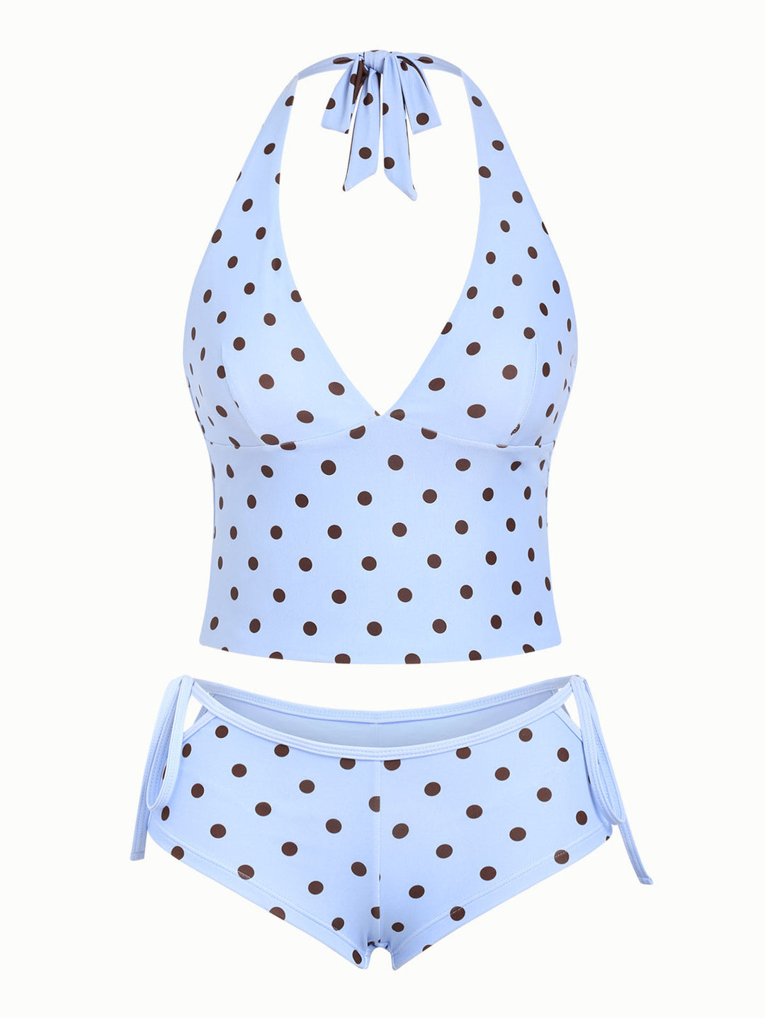 Sky Blue Polka Dot Halter Tied Back Reversible Top & Cutout Tie Cheeky Boyshorts Tankini Set