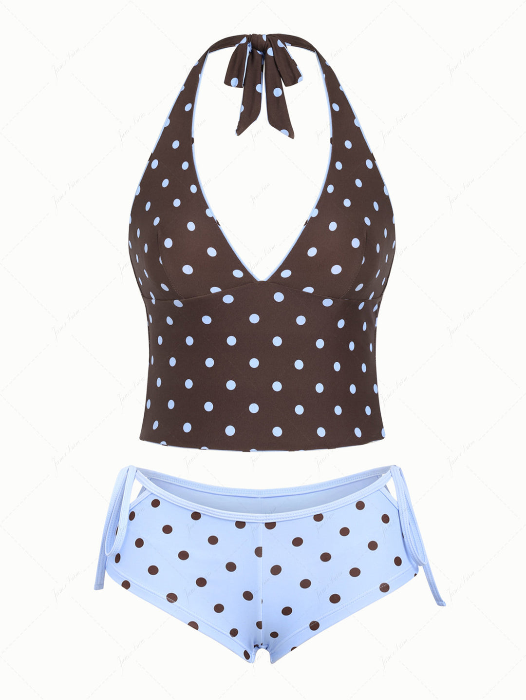 Sky Blue Polka Dot Halter Tied Back Reversible Top & Cutout Tie Cheeky Boyshorts Tankini Set