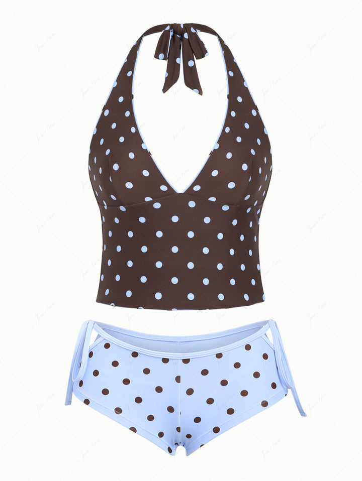 Sky Blue Polka Dot Halter Tied Back Reversible Top & Cutout Tie Cheeky Boyshorts Tankini Set