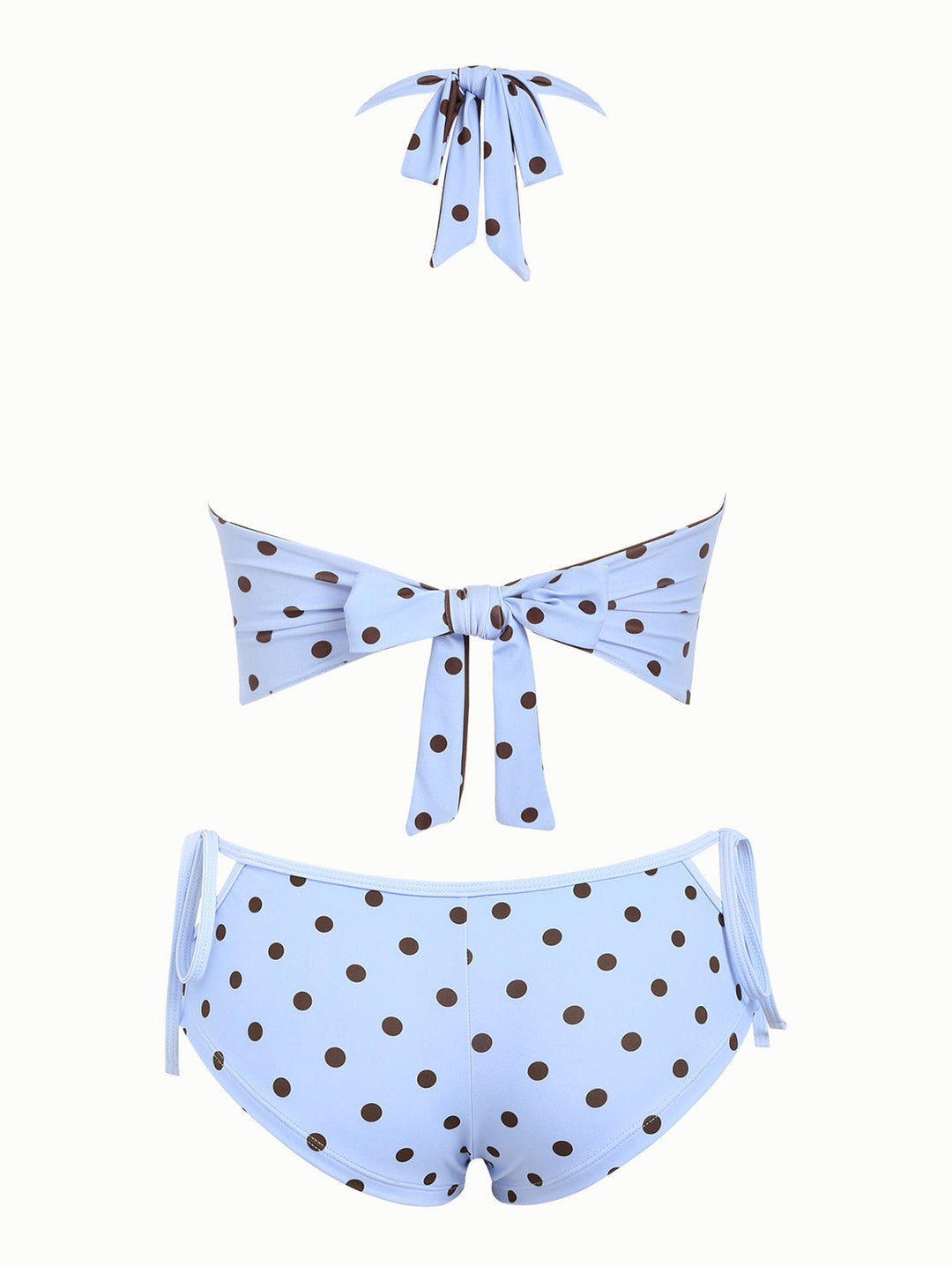 Sky Blue Polka Dot Halter Tied Back Reversible Top & Cutout Tie Cheeky Boyshorts Tankini Set