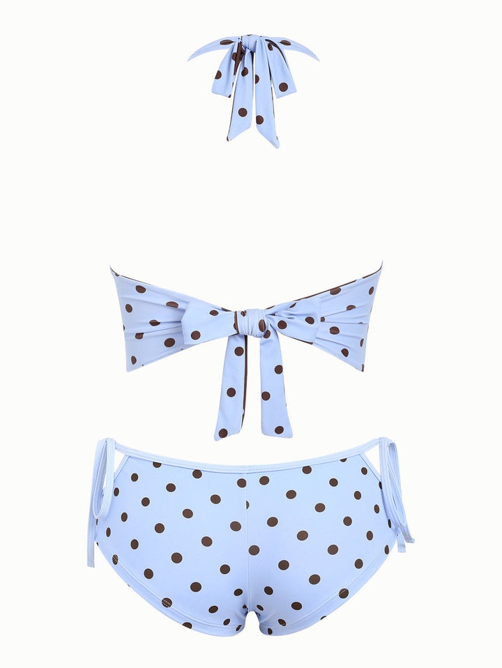Sky Blue Polka Dot Halter Tied Back Reversible Top & Cutout Tie Cheeky Boyshorts Tankini Set