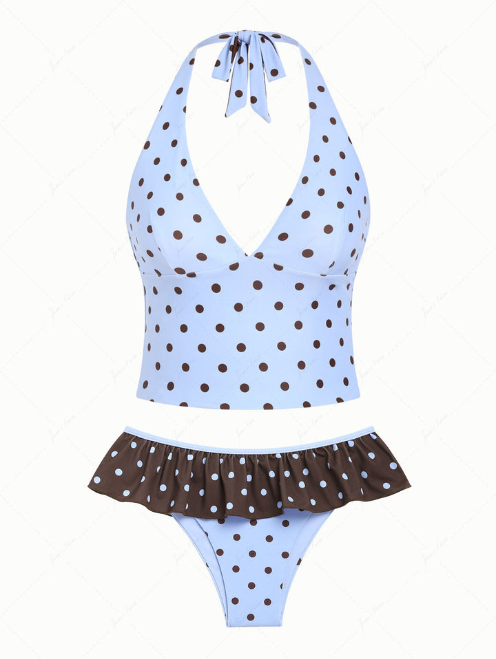 Sky Blue Polka Dot Halter Tied Back Reversible Top & Skirted Bottom Tankini Set