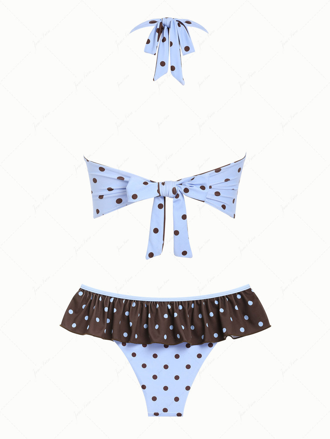 Sky Blue Polka Dot Halter Tied Back Reversible Top & Skirted Bottom Tankini Set