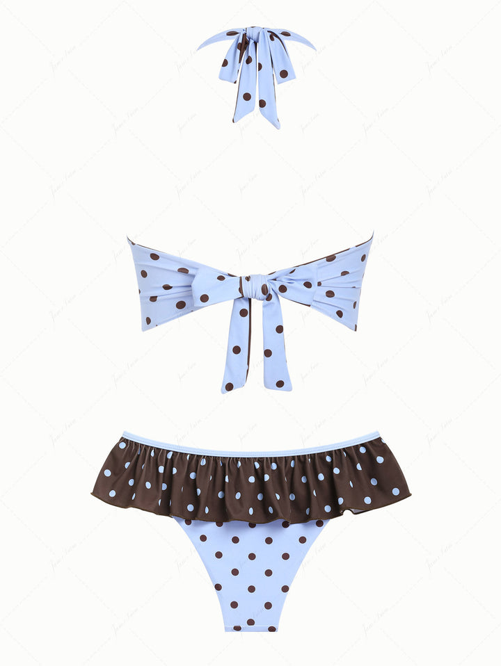 Sky Blue Polka Dot Halter Tied Back Reversible Top & Skirted Bottom Tankini Set