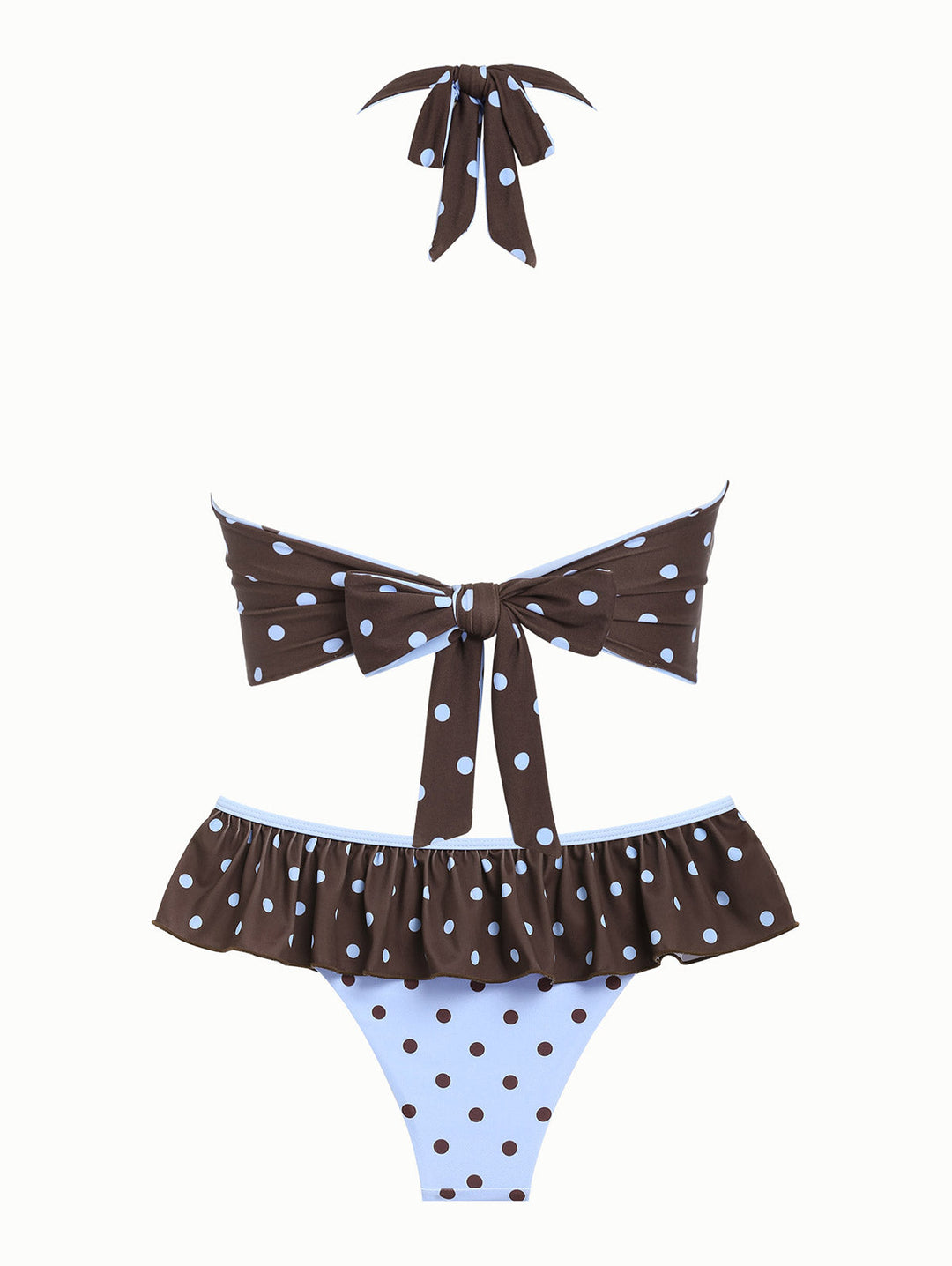 Sky Blue Polka Dot Halter Tied Back Reversible Top & Skirted Bottom Tankini Set