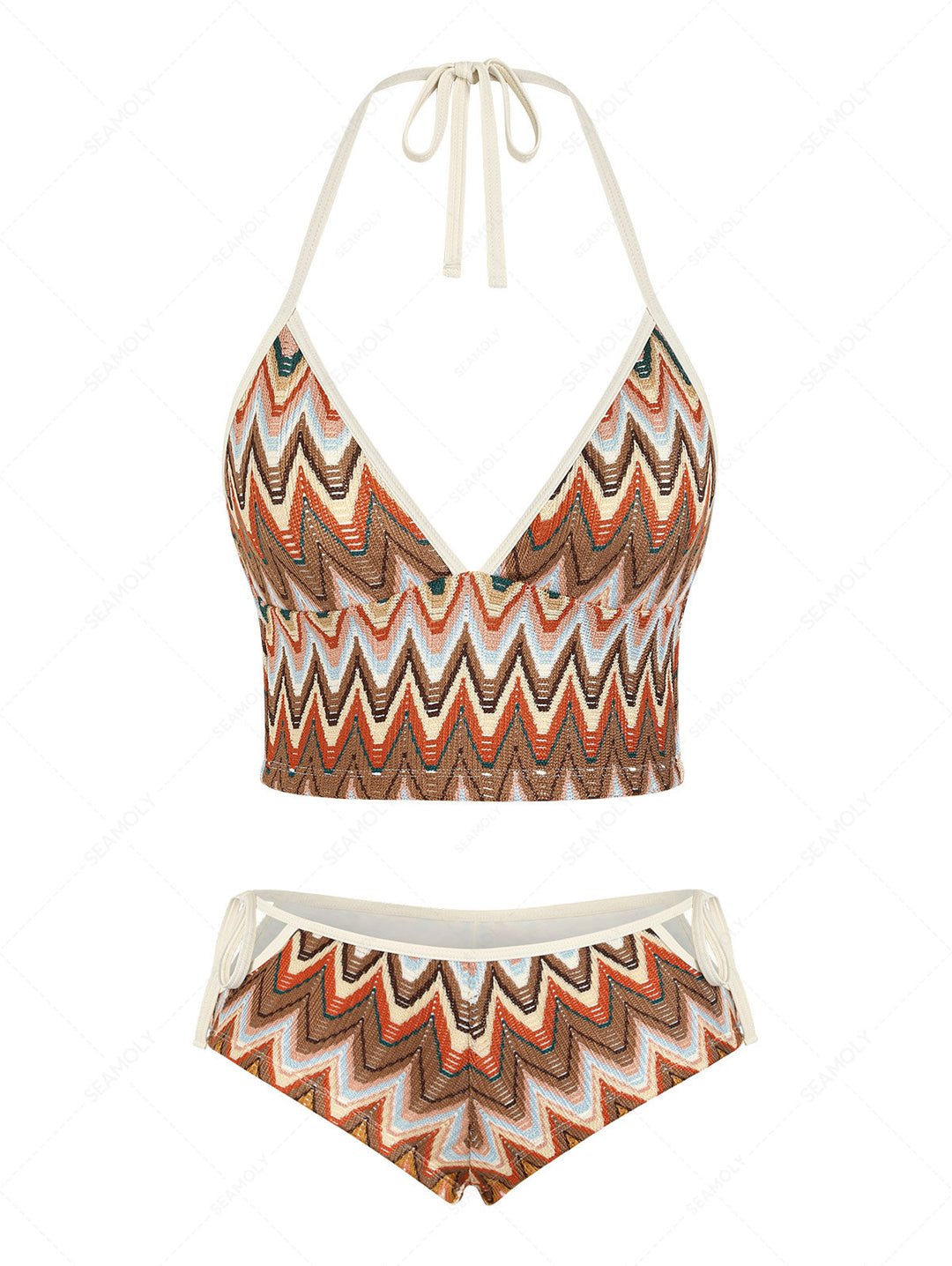 Seamolly Crochet Chevron Halter Cutout Tied Side Cheeky Boyshorts Tankini Set