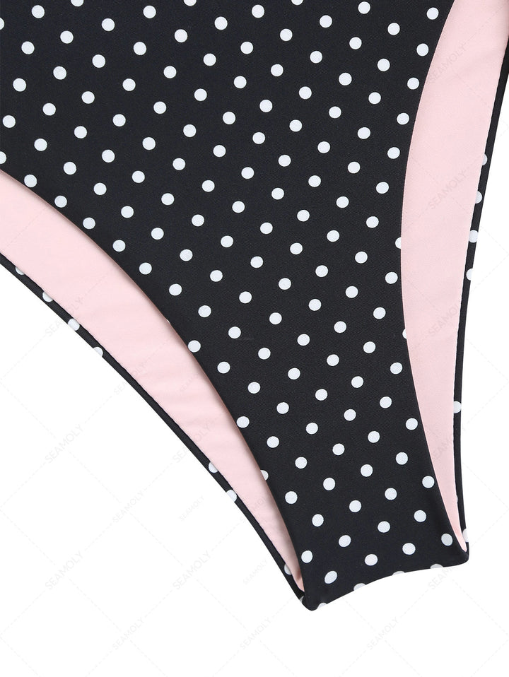 Black Polka Dot Print Tied Side Full Coverage Bikini Bottom
