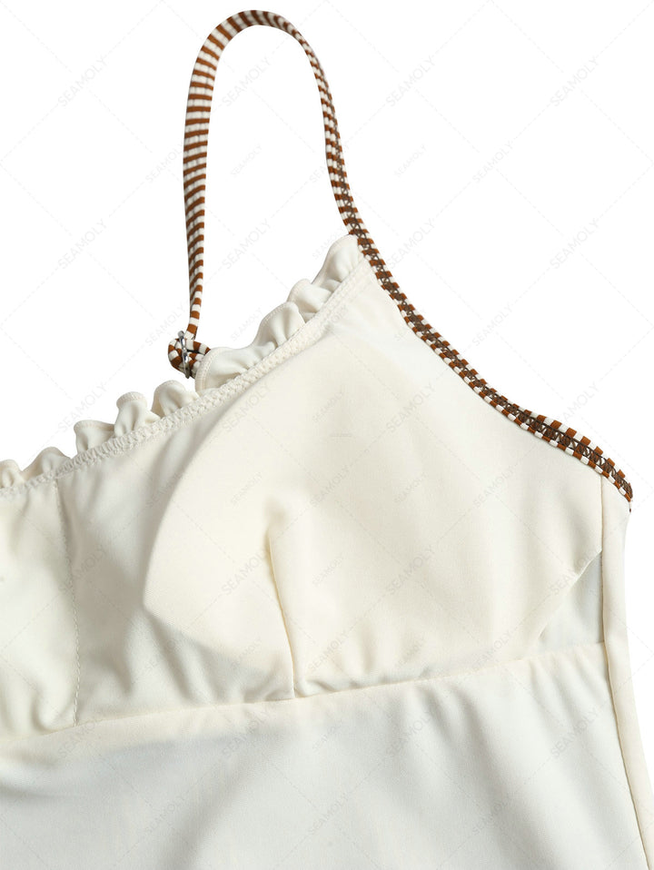 Coffee Striped Spliced Ruched Bowknot Tankini Top