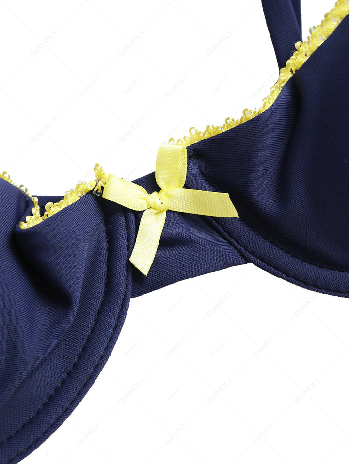 Deep Blue Contrast Lace Bowknot Underwire Bikini Top