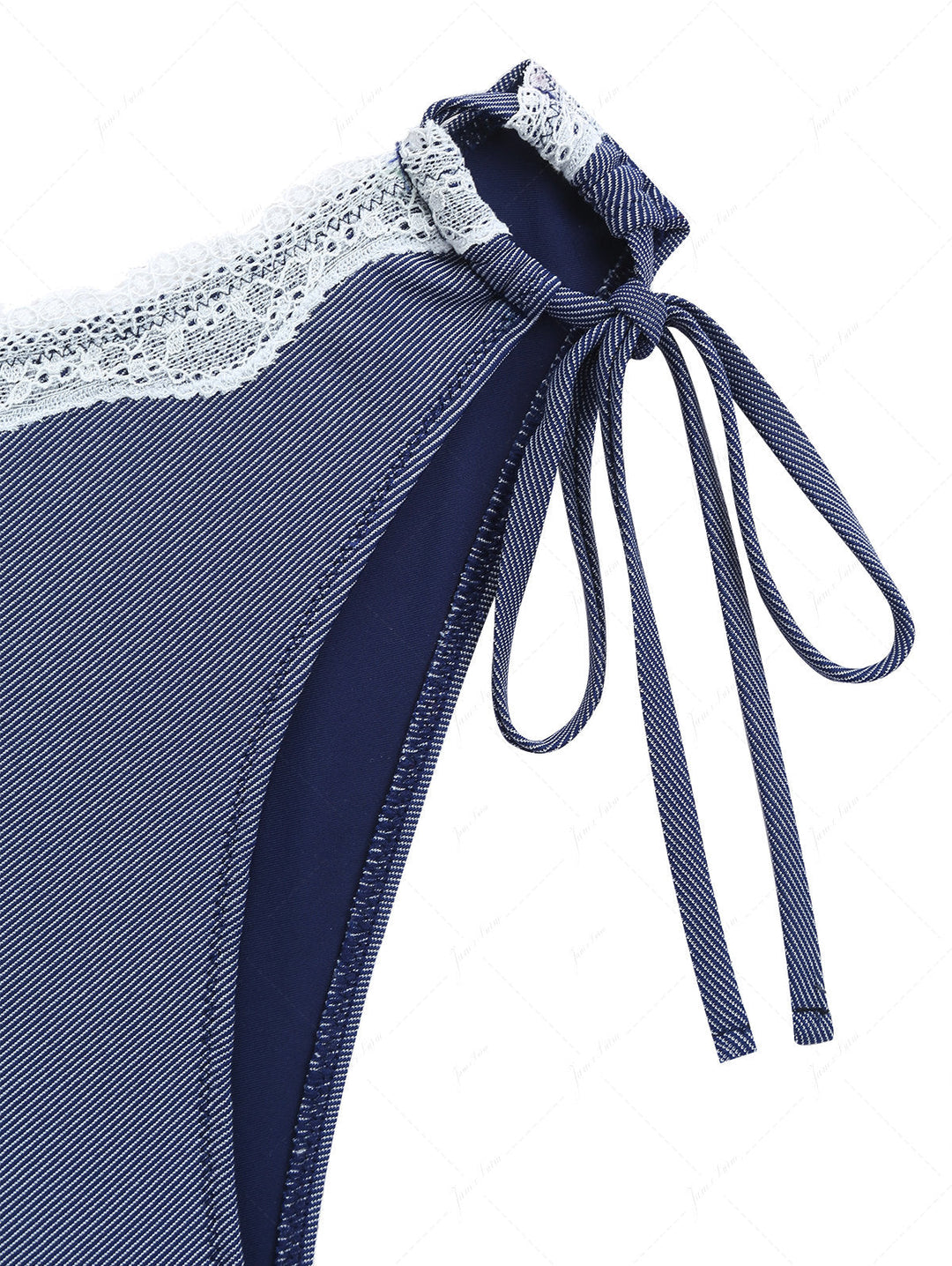 Deep Blue Denim Lace Plunging Neck Halter Tied Tankini Set