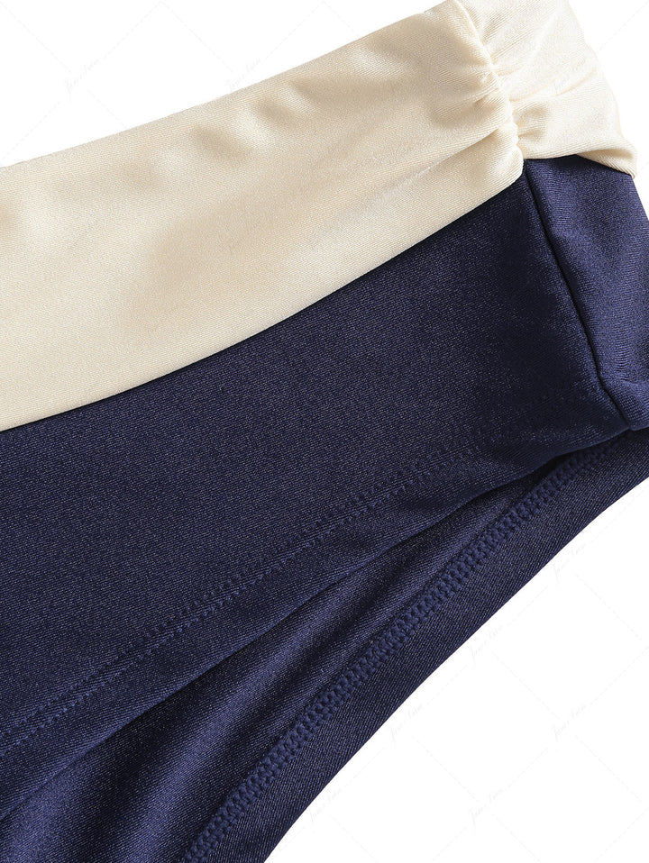 Deep Blue Contrast Binding Triangle Push Up Cheeky Boyshorts Bikini Set