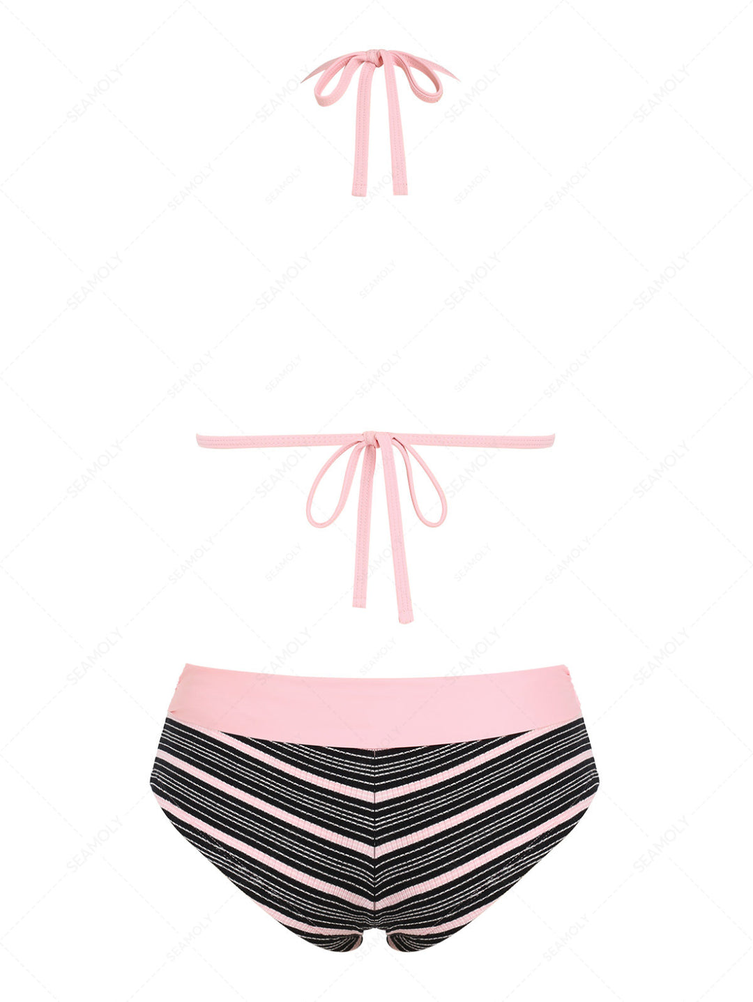Seamolly Y2K Striped Ribbed Push Up Top & Fold Over Cheeky Boyshorts Bikini Set