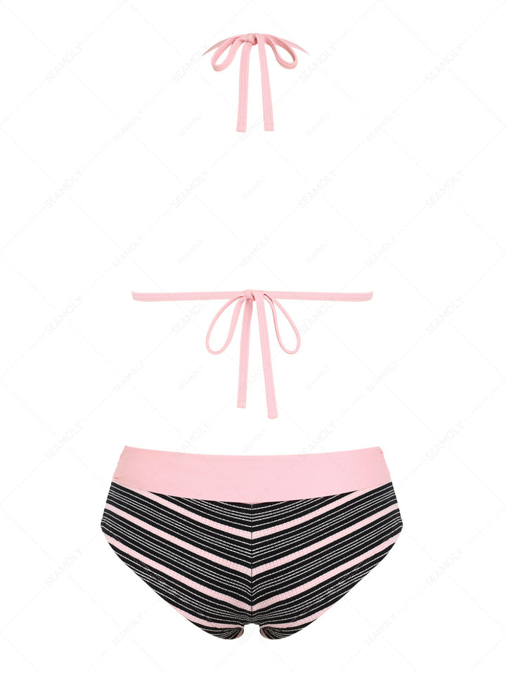Seamolly Y2K Striped Ribbed Push Up Top & Fold Over Cheeky Boyshorts Bikini Set
