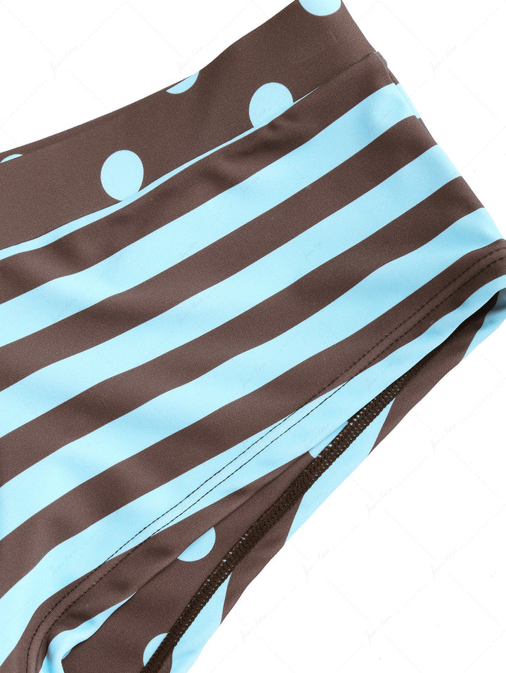 Coffee Striped Polka Dot O Ring Double Top & Cheeky Boyshorts Bikini Set