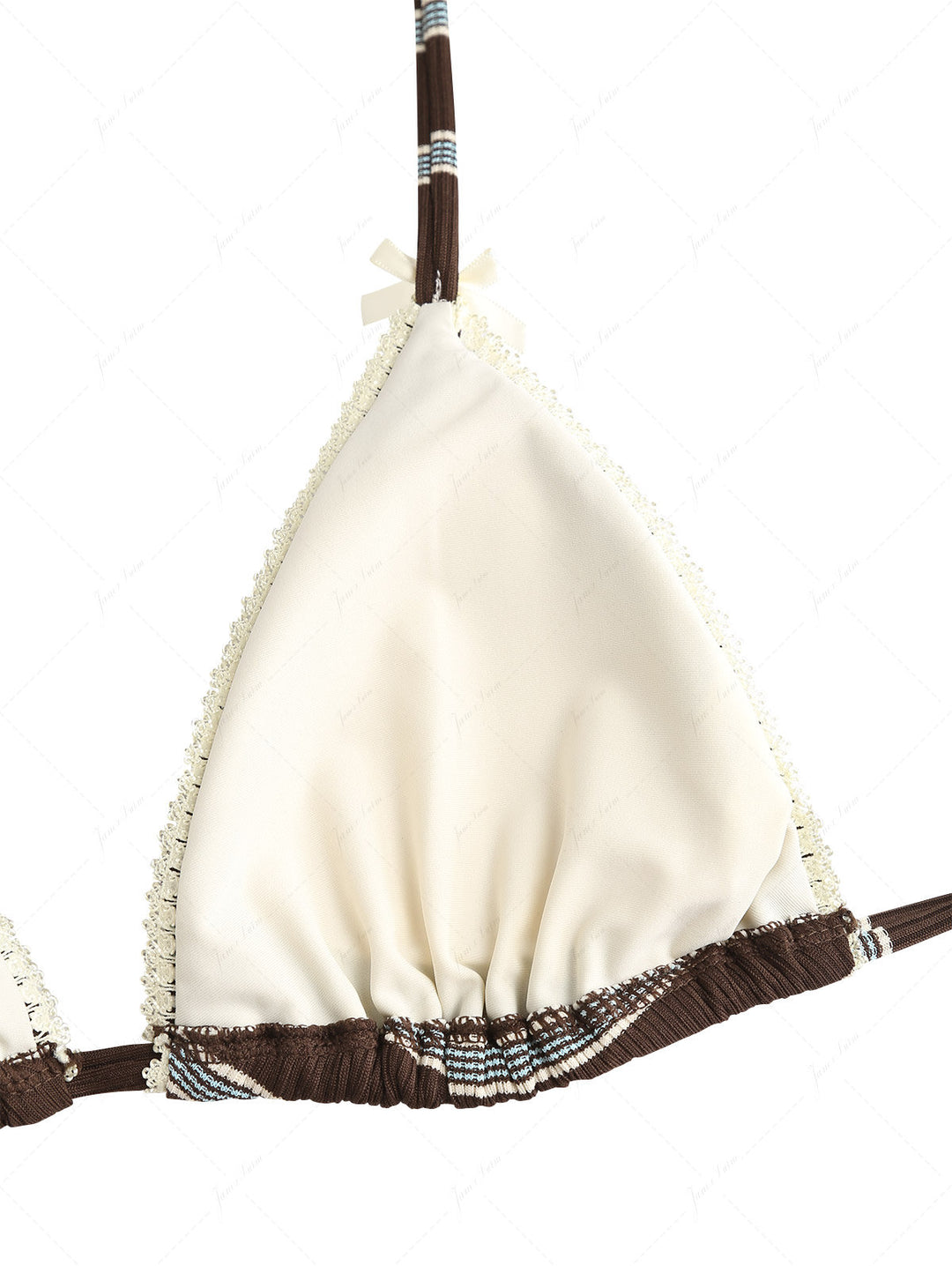 Deep Coffee Striped Lace Bowknot Halter Triangle Bikini Top