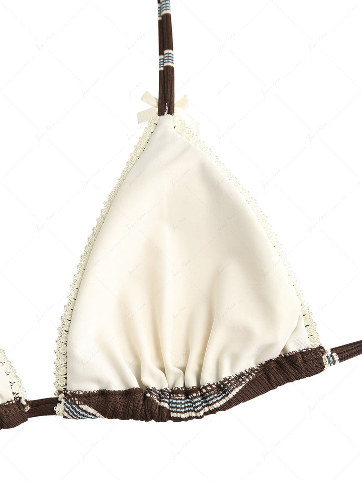 Deep Coffee Striped Lace Bowknot Halter Triangle Bikini Top