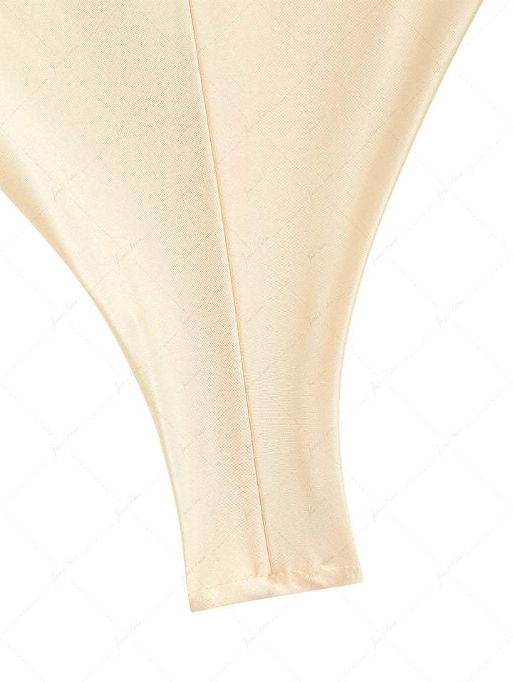 Champagne Satin Ruched Triangle Top & String Cheeky Brazilian Bottom Bikini Set
