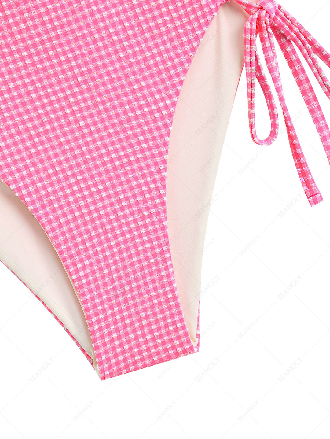 Light Pink Bubble Grid Lace Up Side Full Coverage High Rise Bikini Bottom