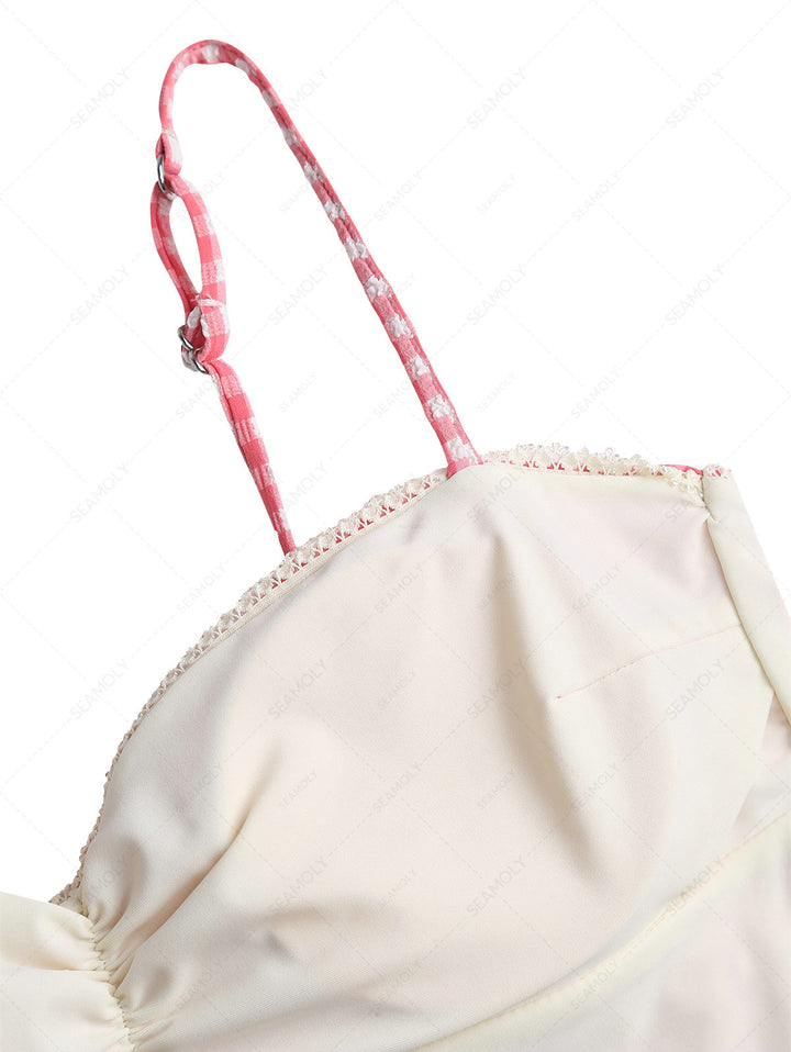 Red Bubble Grid Lace Bowknot Tankini Top