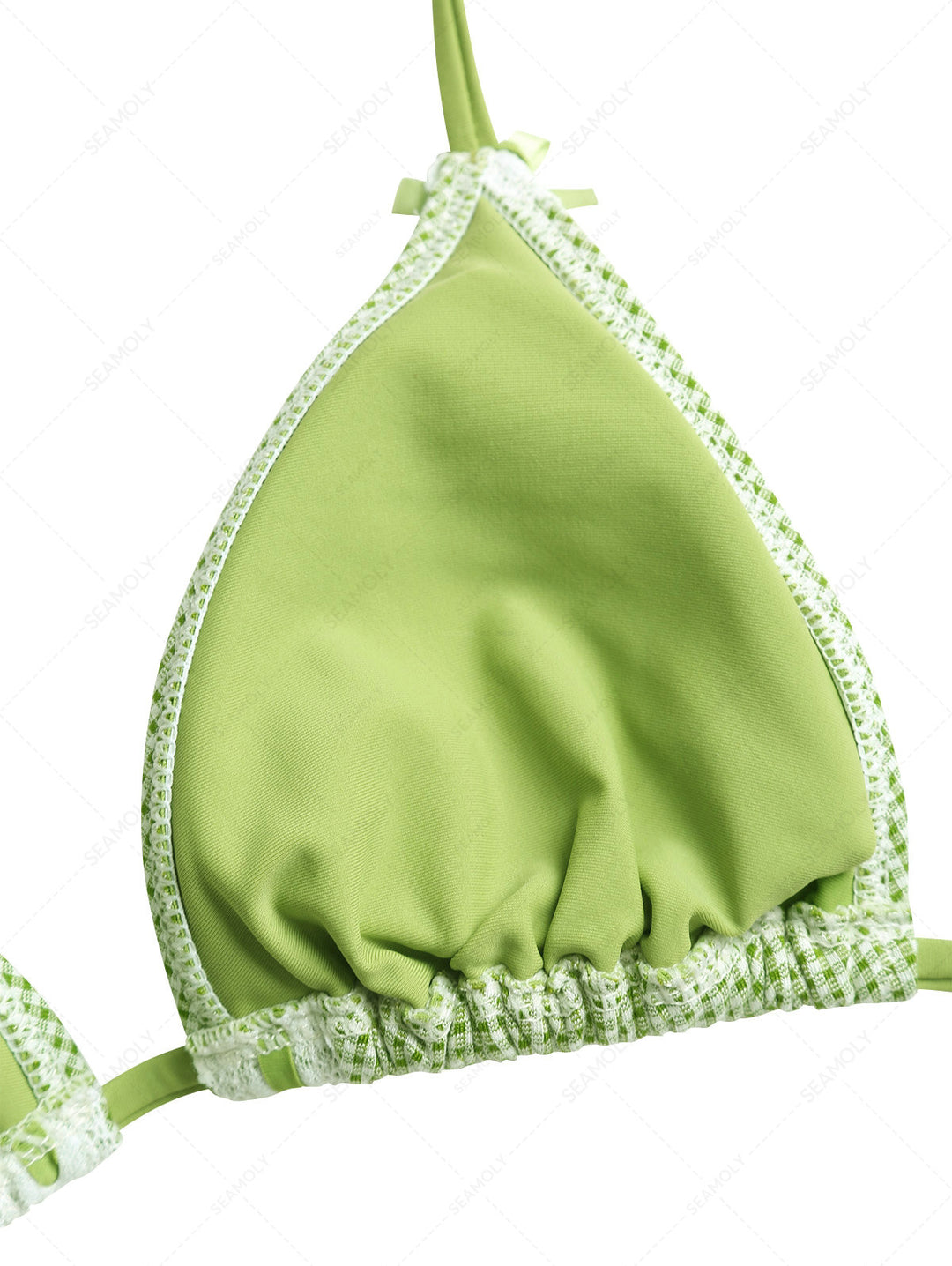 Green Gingham Lace Bowknot Halter Triangle Bikini Top
