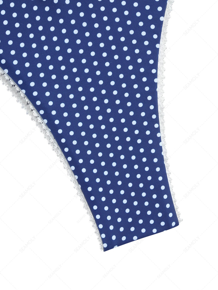 Deep Blue Polka Dot Lace Bowknot Cheeky Bikini Bottom